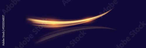 Abstract glowing golden light trail on dark background, dynamic swoosh effect, energy stream with smooth curves and soft gradients.
