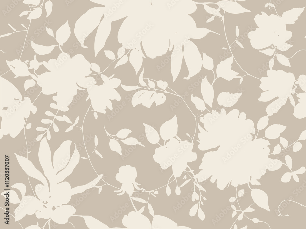 Seamless vector floral pattern. Monochrome, delicate, natural shades. Line silhouette flowers. Trendy flower wallpaper. Seamless vector floral pattern. Monochrome, delicate, natural shades. Line silhouette flowers. Trendy flower wallpaper.