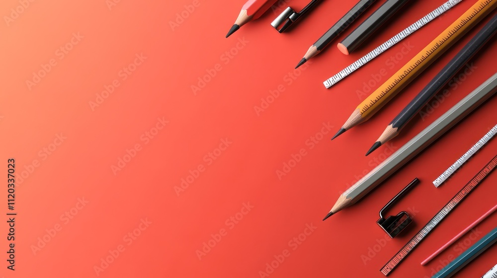 Red background with assorted pencils, rulers, and sharpener. Red background with assorted pencils, rulers, and sharpener.