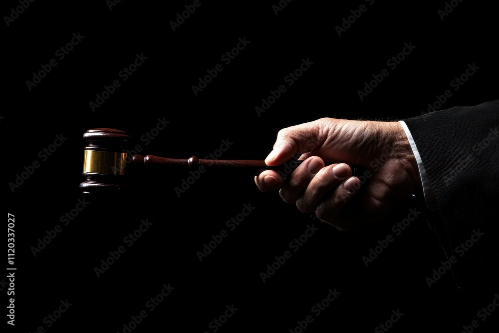 Fototapeta premium A hand holding a gavel against a dark background, symbolizing justice, authority, and legal proceedings.