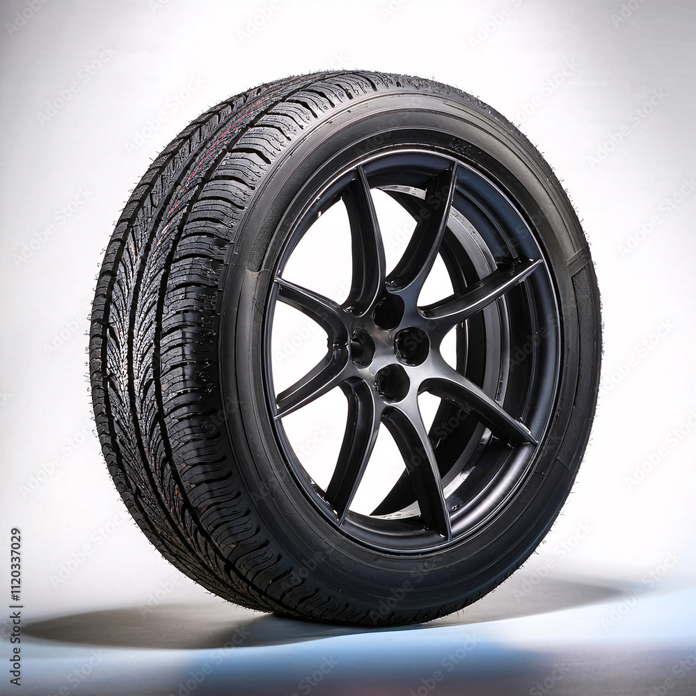 Fototapeta premium New car tire and wheel combination standing upright against a white background