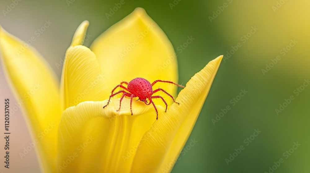 Tiny red spider mite moving across the petals of a fully opened yellow tulip in a morning garden Tiny red spider mite moving across the petals of a fully opened yellow tulip in a morning garden