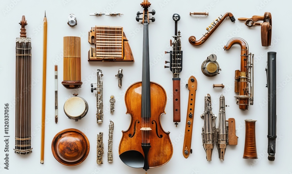 Naklejka premium Disassembled musical instruments and accessories arranged on a white background.