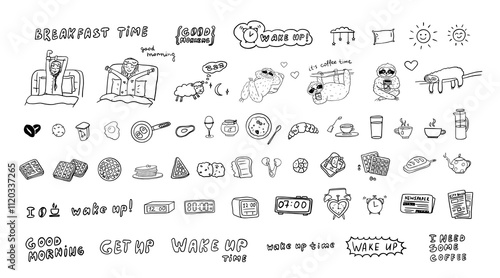 Large set of wake up theme. Wake up time, good morning, get up, sun, alarm clock, sloth, cup of coffee, breakfast, the girl woke up, breakfast, Viennese waffles, tea, milk, biscuits. Hand drawn