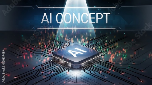 AI word on microchip and colorful light spread with strong beam , AI concept with copy space banner background, a digital network circuit board abstract background photo