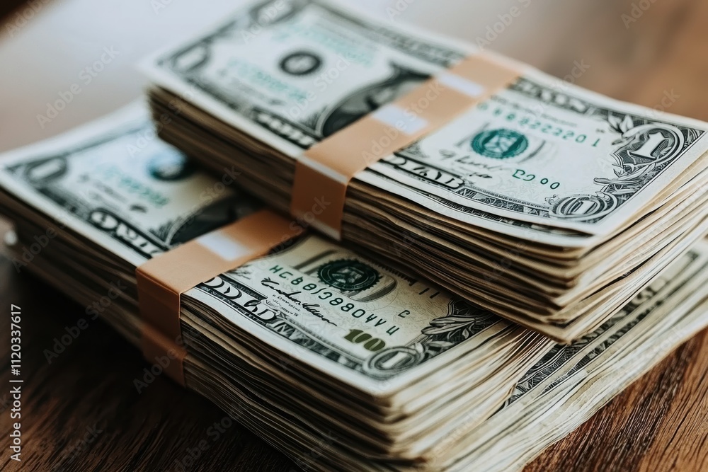 A stack of neatly bundled one-dollar bills resting on a wooden surface, showcasing a focus on cash and currency. A stack of neatly bundled one-dollar bills resting on a wooden surface, showcasing a focus on cash and currency.