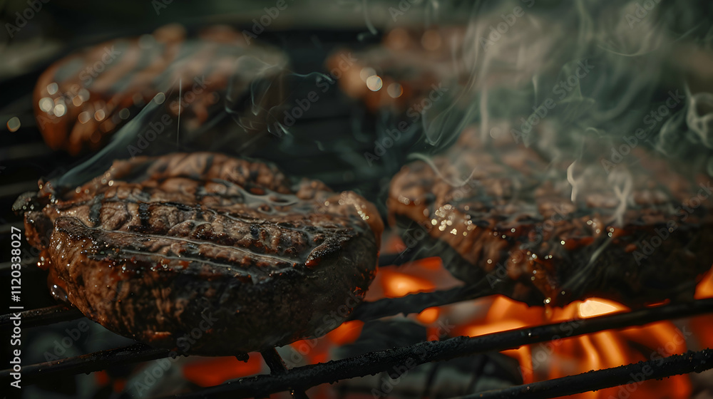 selective focus of juicy steaks grilling on hot coals with smoke selective focus of juicy steaks grilling on hot coals with smoke