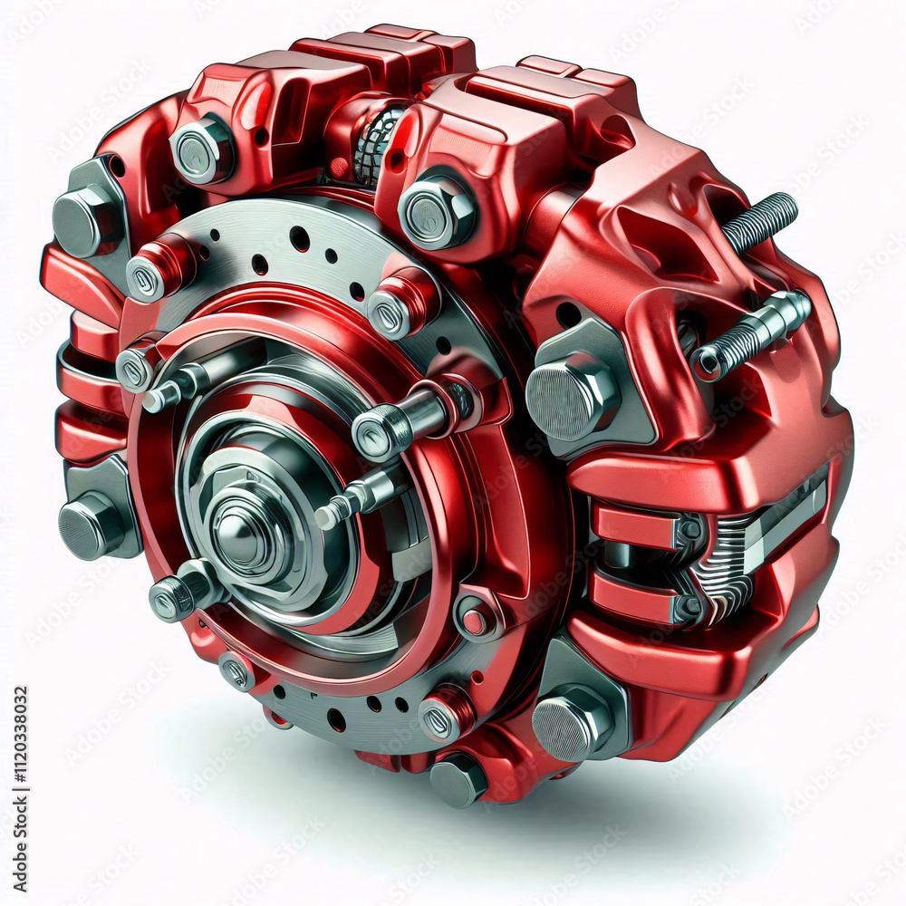 A bright red disc brake with a central hub and multiple bolts A bright red disc brake with a central hub and multiple bolts
