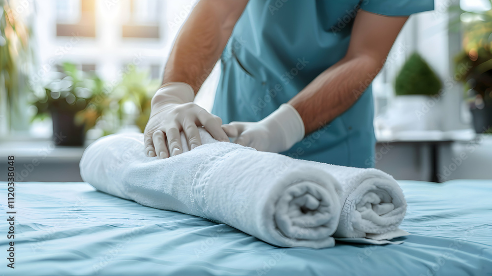 Fototapeta premium cropped shot of medical worker putting white rolled towel on massage table