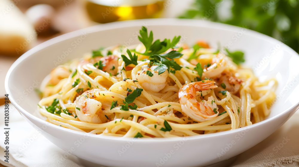 Delicious shrimp pasta garnished with fresh herbs in a cozy kitchen setting Delicious shrimp pasta garnished with fresh herbs in a cozy kitchen setting