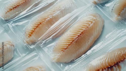 Fresh fish fillets vacuum packed in clear packaging ready for sale at a seafood market
