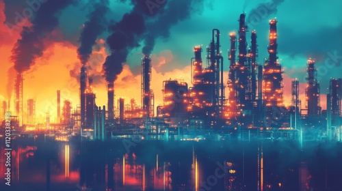 Energy industry future design with oil and gas refinery factories in creative graphic styles. 