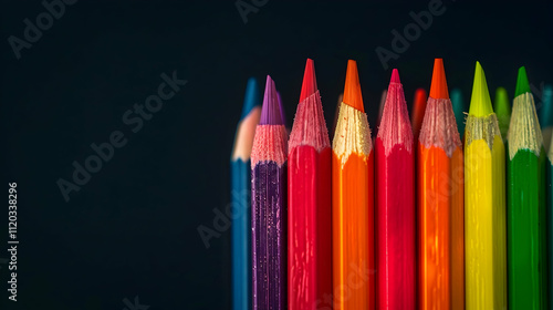 selective focus of rainbow multicolored pencils isolated on black, lgbt concept photo