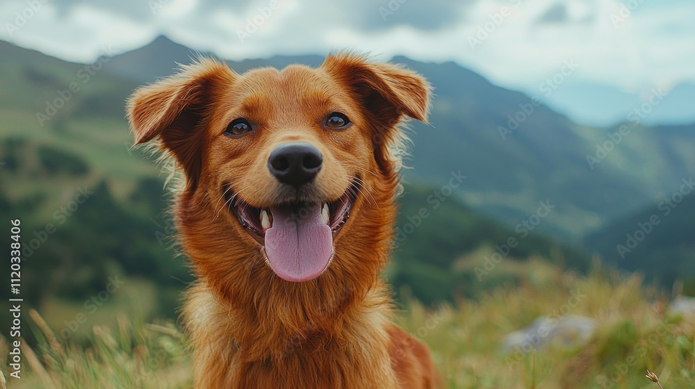 Obraz premium In a stunning mountain landscape, a brown mixed breed dog raises its tongue joyfully, gleaming with happiness under a bright sky. The lush greenery and distant peaks create a serene backdrop