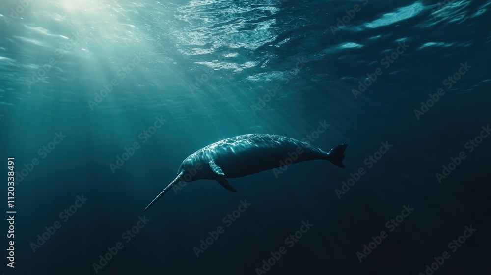 Fototapeta premium A narwhal swims in deep ocean sunlight