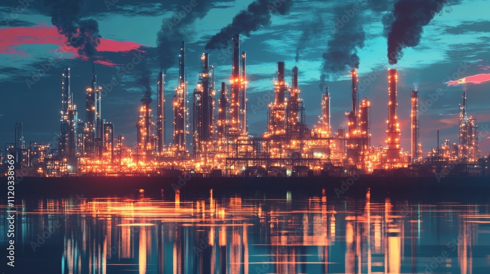 Fototapeta premium Energy industry future design with oil and gas refinery factories in creative graphic styles. 