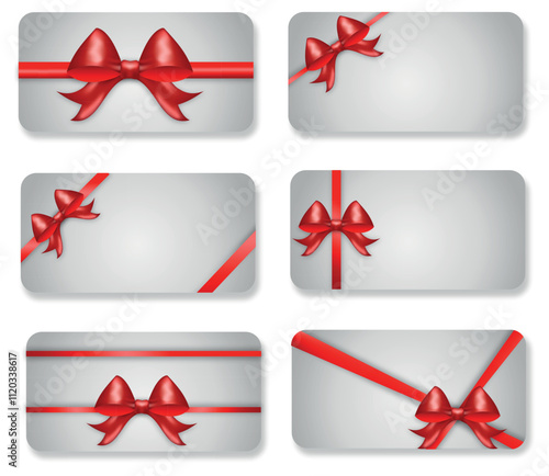 Set of Gift Cards with red Ribbon and Bow, Realistic 3D red Gradient photo