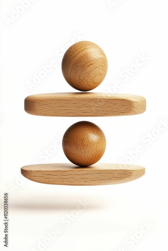 Balanced wooden spheres atop oblong platforms. photo