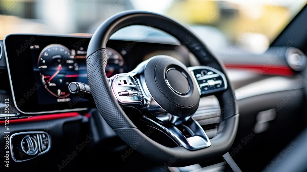 Luxury Car Interior with Modern Steering Wheel Luxury Car Interior with Modern Steering Wheel