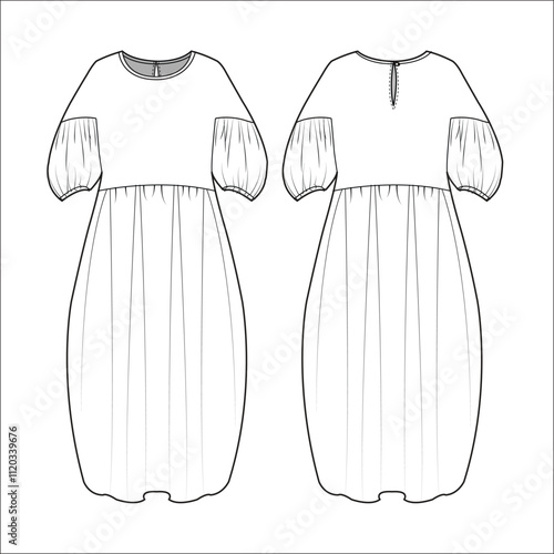 women long sleeve maxi Poet Sleeve dress design vector fashion flat sketch template