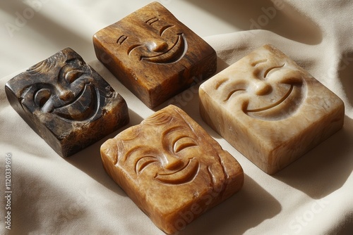 Four carved smiley face sculptures made from different types of stone, displayed on fabric. photo