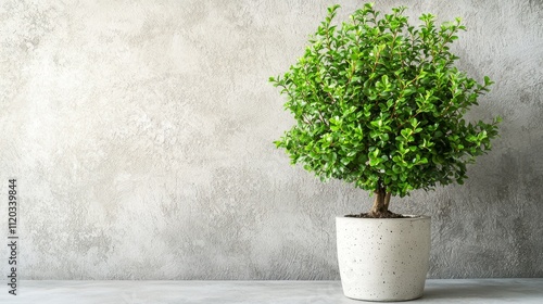 Vibrant green bonsai tree in concrete pot against textured wall