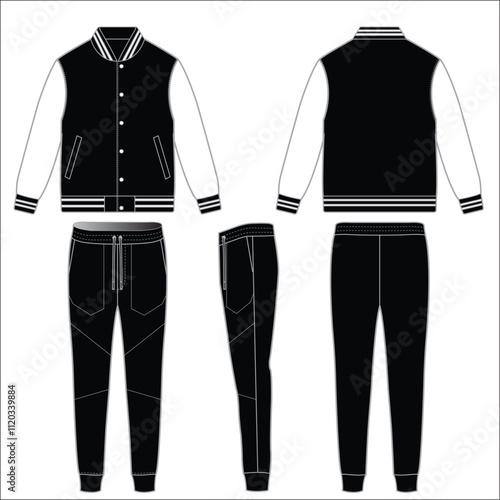 Tracksuit full button opening long sleeve jacket and pants running jogging athletic sports wear set flat sketch vector illustration technical cad drawing template.