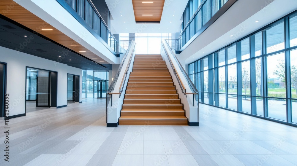 Obraz premium Spacious Office Building Interior with Central Staircase