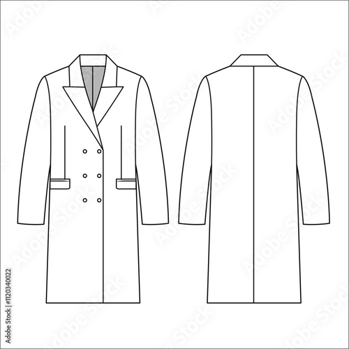 Buttoned double breast long sleeve long coat jacket template technical drawing flat sketch cad mockup fashion.