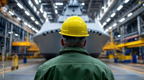 Worker in Yellow Helmet Observing Navy Warship Construction in Shipyard