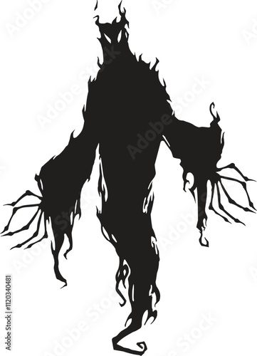 Black silhouette of a creepy ghost floating eerily with long, outstretched arms and a fiery bottom, enhancing the spooky and mysterious atmosphere perfect for halloween