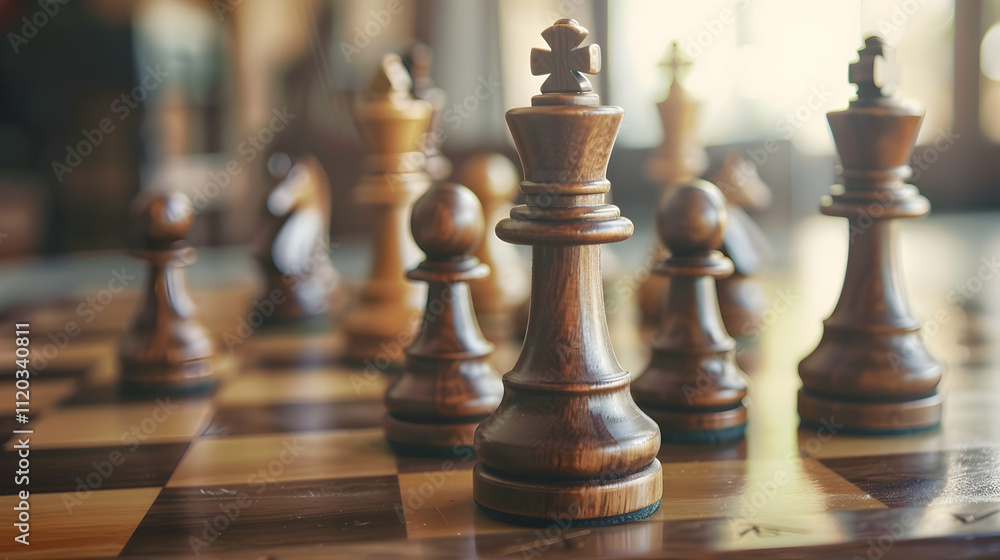 selective focus of brown chess piece on chess board and beige background selective focus of brown chess piece on chess board and beige background