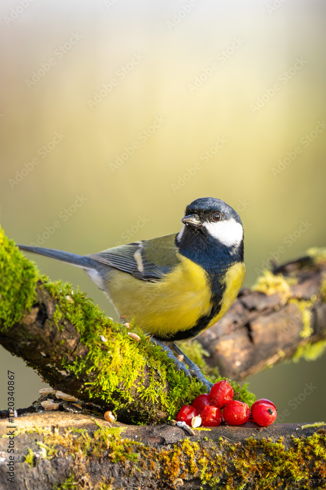 Fototapeta premium Kohlmeise im Herbst auf einem Ast / Vogel