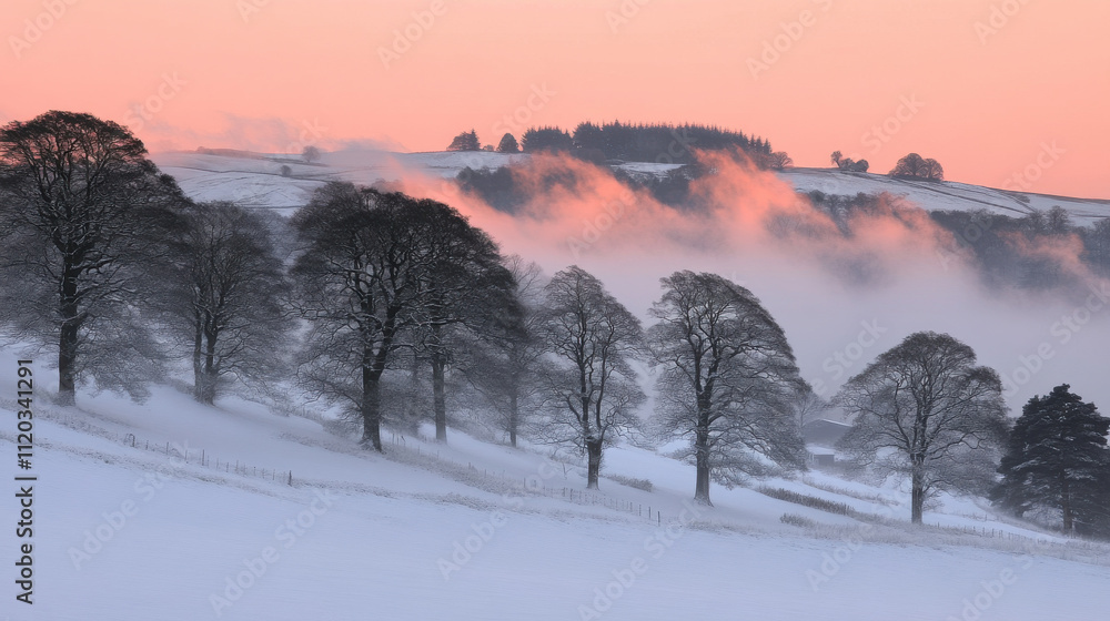 Obraz premium serene winter landscape at dawn with mist and snow covered trees. soft pink hues of sky contrast beautifully with white snow, creating tranquil atmosphere