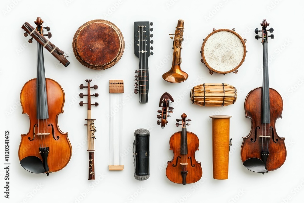 Fototapeta premium Stringed instruments, percussion, and wind instruments arranged neatly.