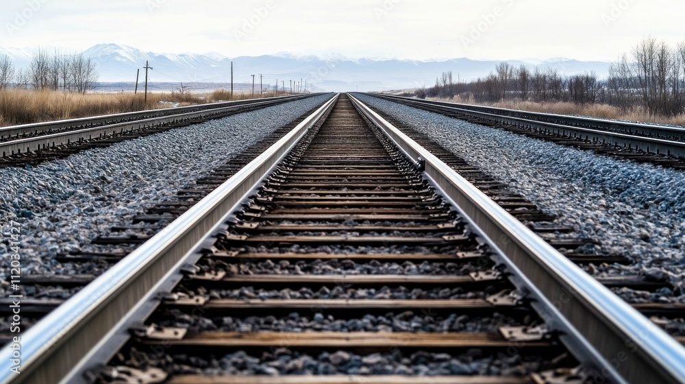 Endless Train Track in Vast Open Landscape with Mountain View Endless Train Track in Vast Open Landscape with Mountain View