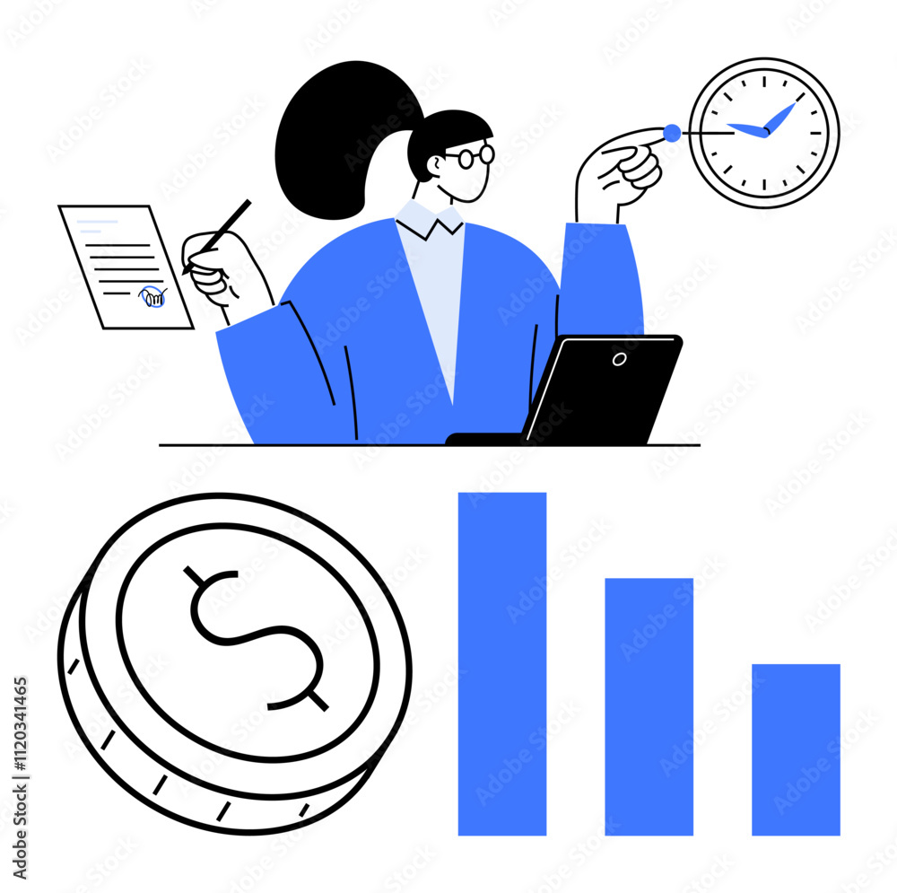 Woman balances document signing, time management, and financial monitoring at a desk with laptop. Ideal for productivity, work-life balance, business management, financial planning, multitasking Woman balances document signing, time management, and financial monitoring at a desk with laptop. Ideal for productivity, work-life balance, business management, financial planning, multitasking