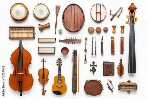 Collection of vintage string and percussion instruments.