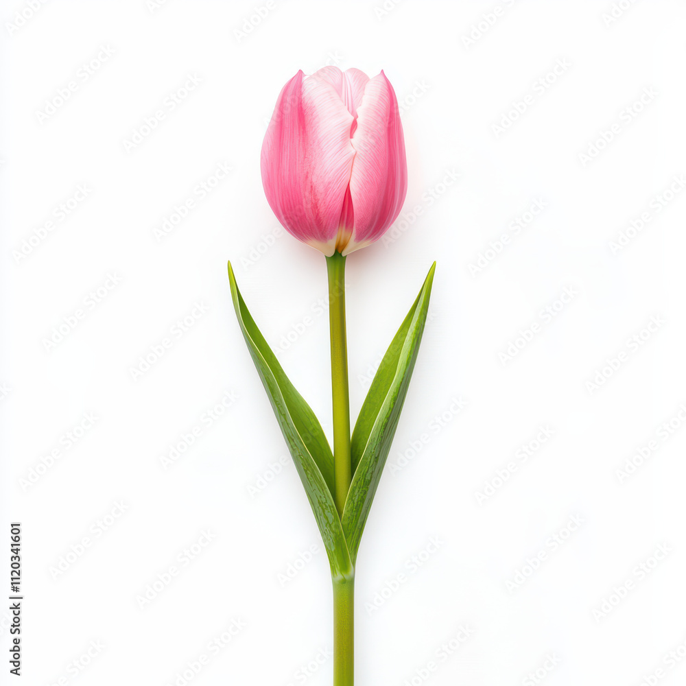 pink tulip with smooth petals and long green stem, beautifully displayed against white background, evokes sense of freshness and elegance pink tulip with smooth petals and long green stem, beautifully displayed against white background, evokes sense of freshness and elegance