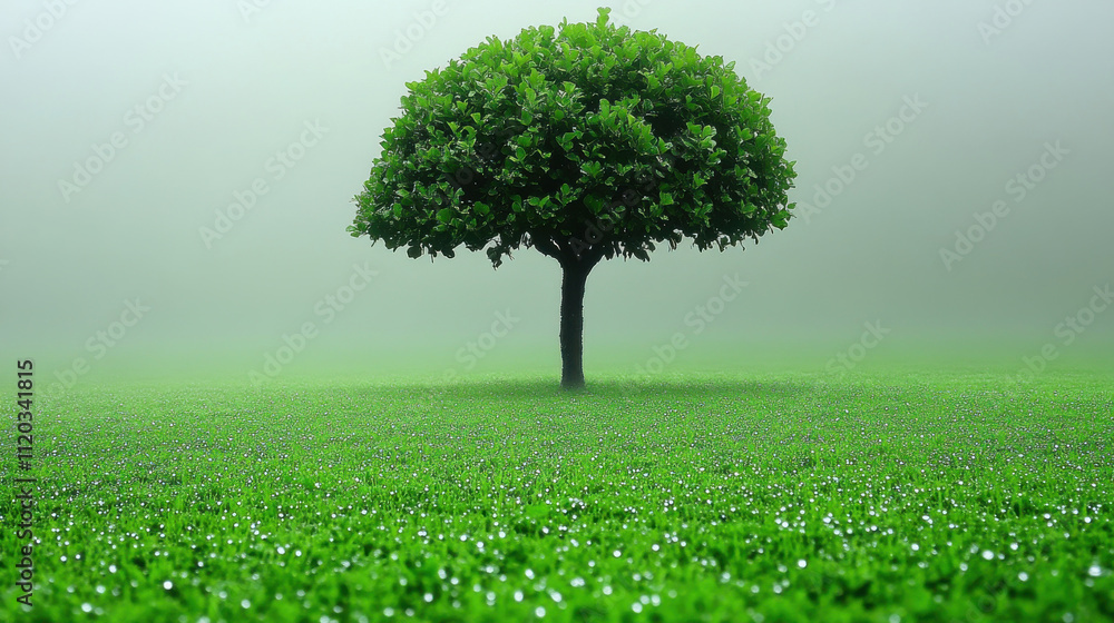 solitary tree stands in misty field, surrounded by dew covered grass, creating serene and tranquil atmosphere solitary tree stands in misty field, surrounded by dew covered grass, creating serene and tranquil atmosphere