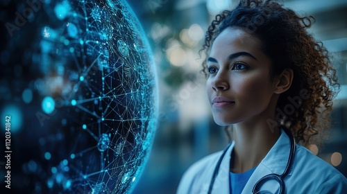 A woman is looking at a computer screen with a globe on it. Generative AI