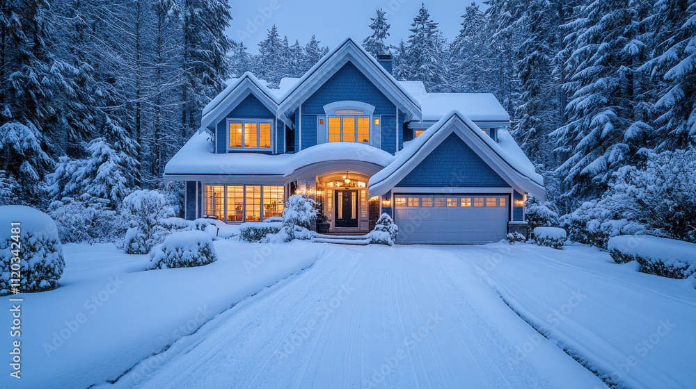beautiful blue house surrounded by snow covered trees at night, with warm lights glowing from windows, creating cozy and inviting atmosphere beautiful blue house surrounded by snow covered trees at night, with warm lights glowing from windows, creating cozy and inviting atmosphere