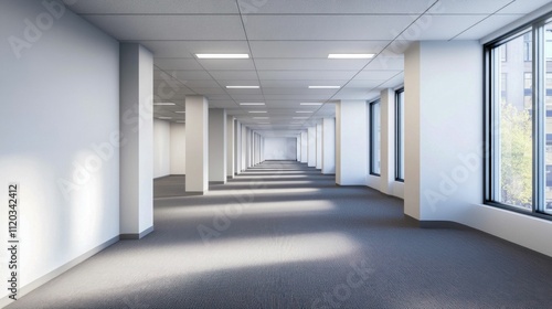 Empty Office Corridor with White Walls, Gray Carpet, and Natural Light