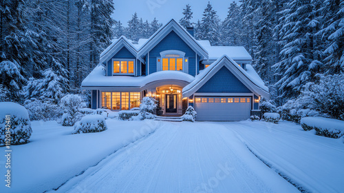 Wallpaper Mural beautiful blue house surrounded by snow covered trees at night, with warm lights glowing from windows, creating cozy and inviting atmosphere Torontodigital.ca