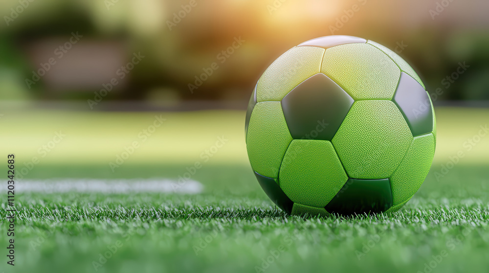 Fototapeta premium vibrant green soccer ball rests on lush grass, capturing essence of outdoor sports. glowing sunlight enhances scene, creating lively atmosphere