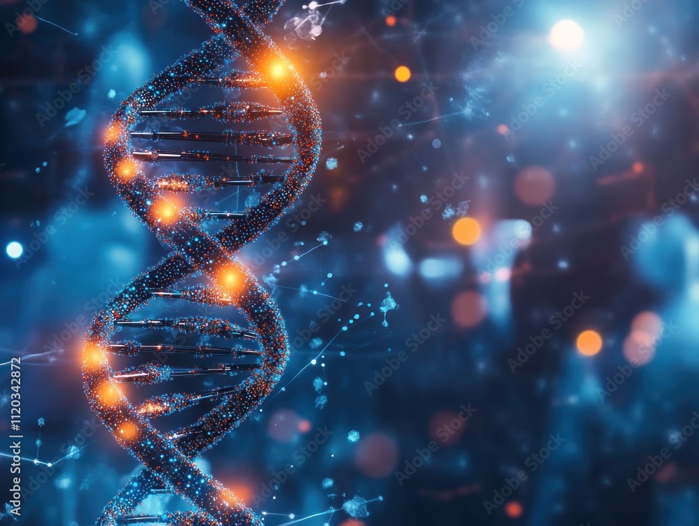3D DNA Strand with Glowing Lights 3D DNA Strand with Glowing Lights