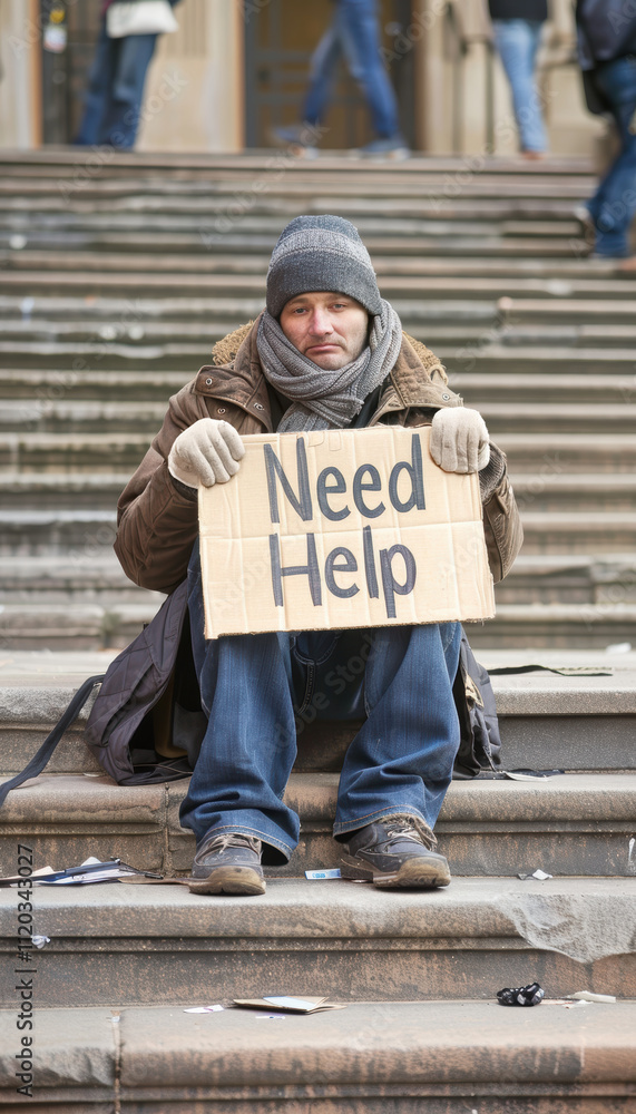 Urban Homelessness Awareness: Individual Seeking Assistance on City Steps for Social Campaigns Urban Homelessness Awareness: Individual Seeking Assistance on City Steps for Social Campaigns