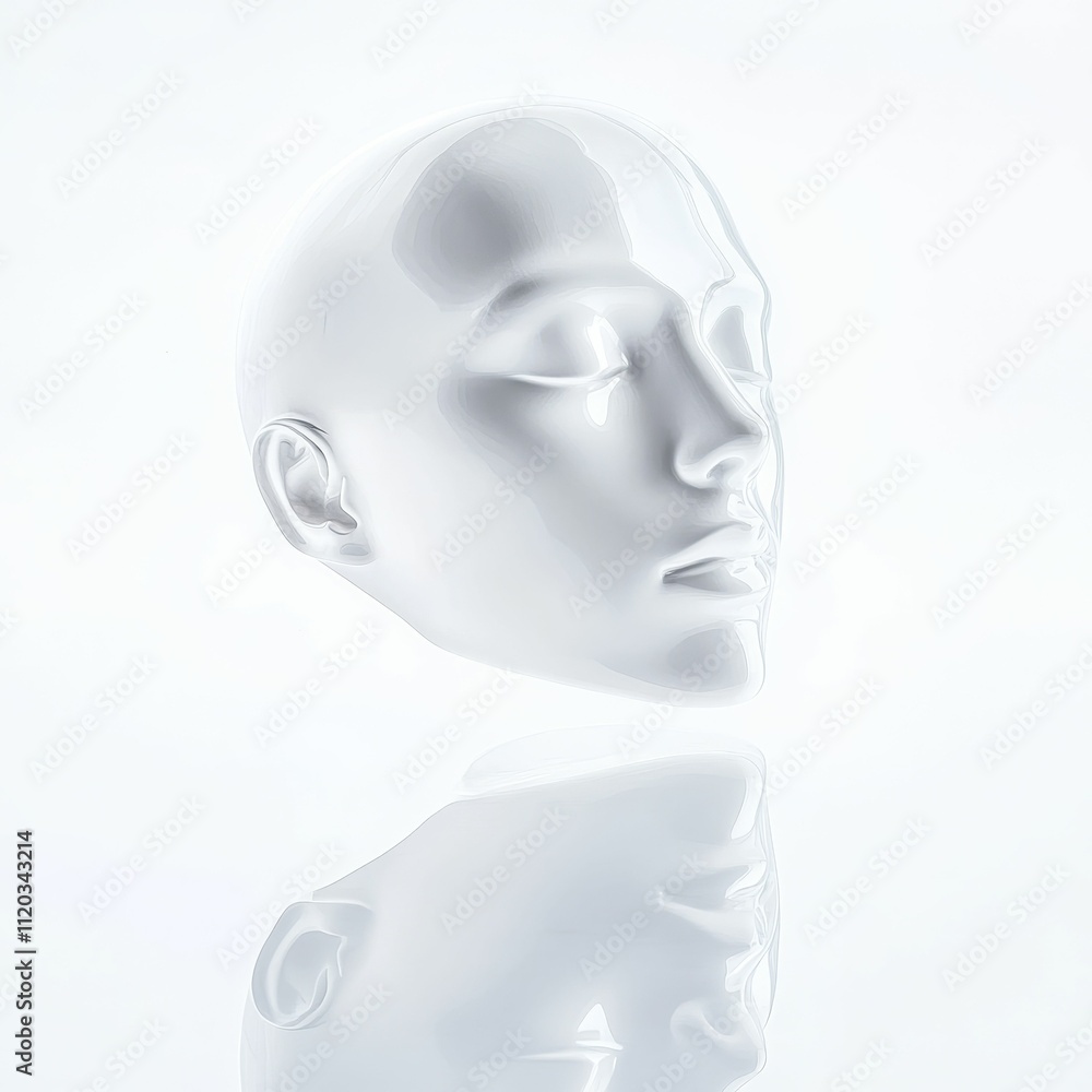 White head sculpture, serene expression, reflective surface. White head sculpture, serene expression, reflective surface.
