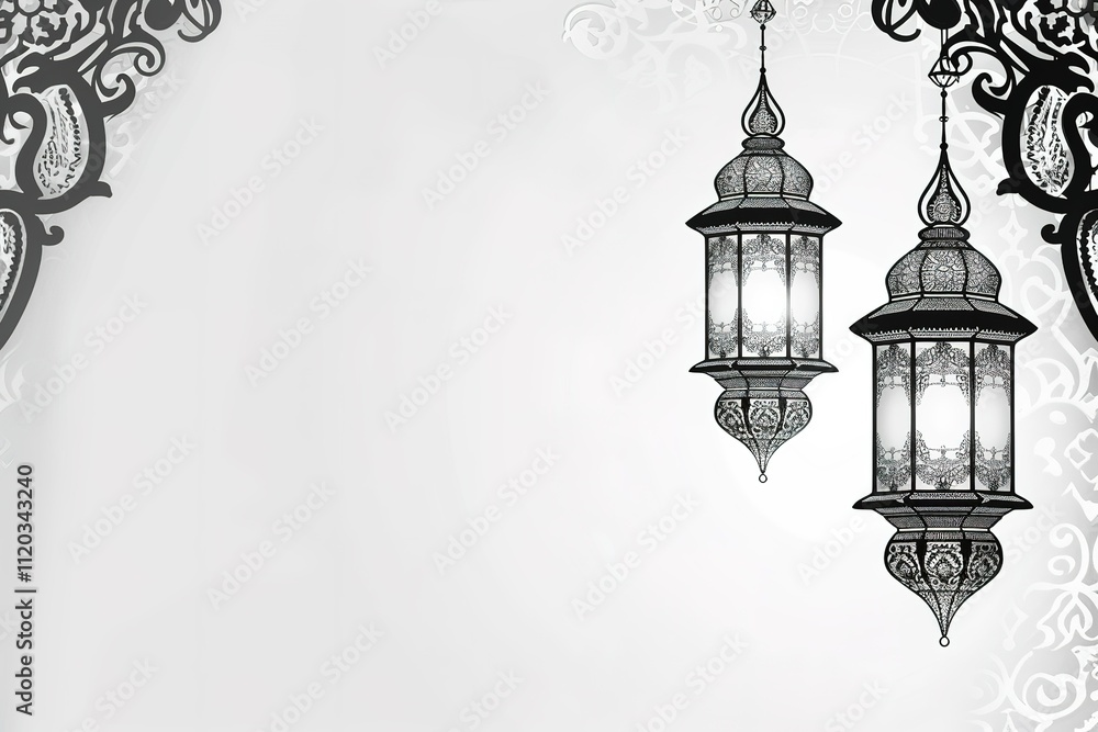 Two ornate lanterns hanging from a white background Two ornate lanterns hanging from a white background