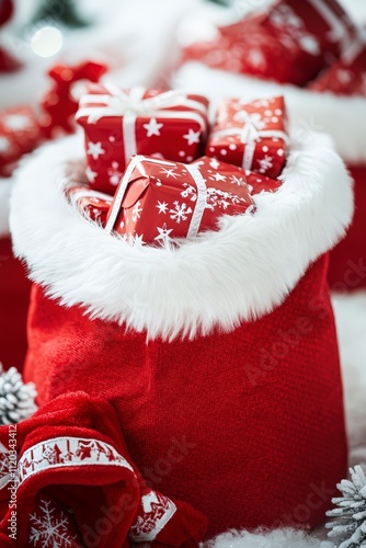 open santa sack filled with christmas presents and gifts photo